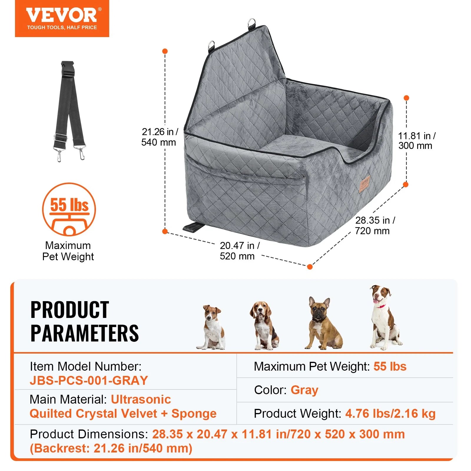 VEVOR Dog Booster Car Seat Pet Car Seat for Medium Large Dog up to 55 Lbs Gray