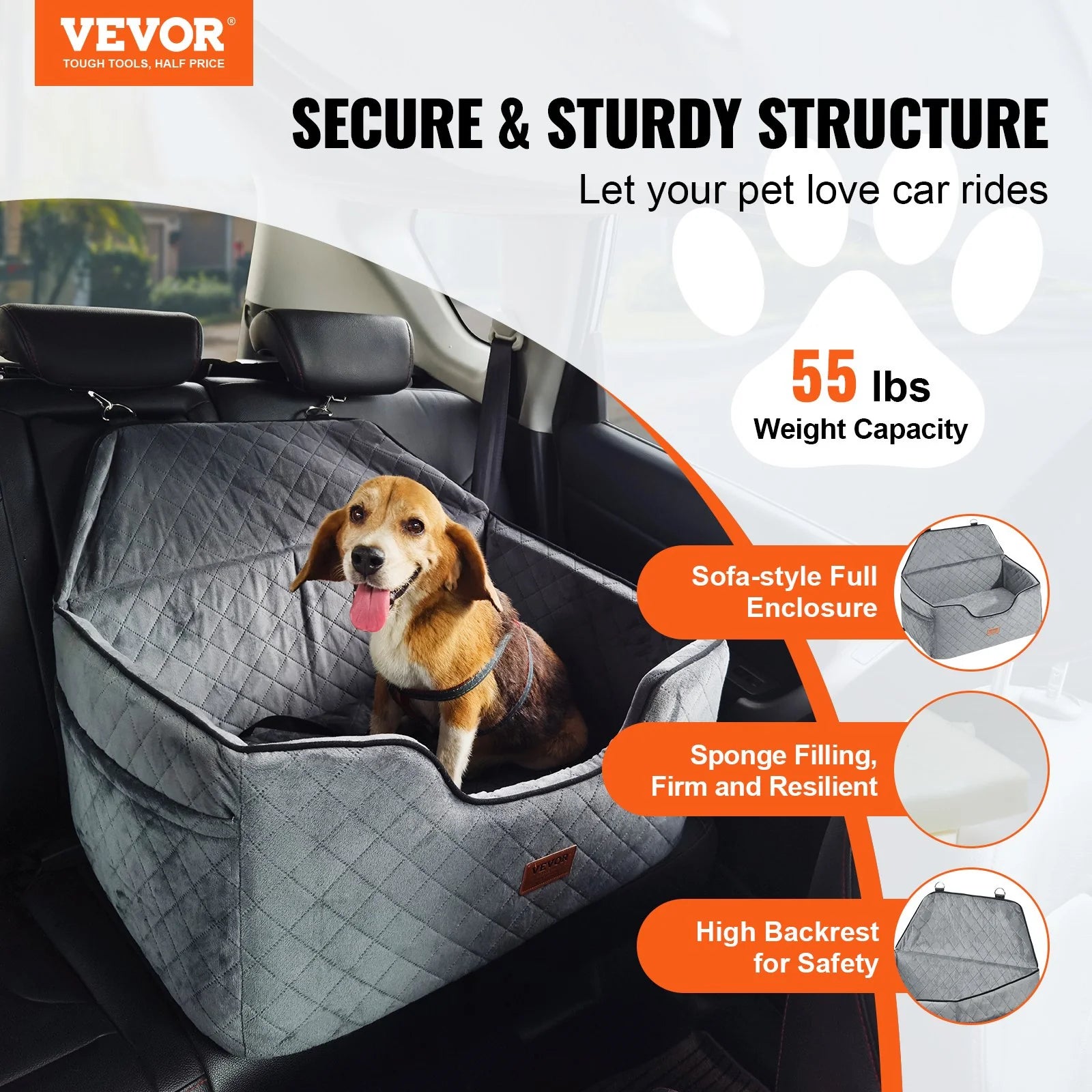 VEVOR Dog Booster Car Seat Pet Car Seat for Medium Large Dog up to 55 Lbs Gray