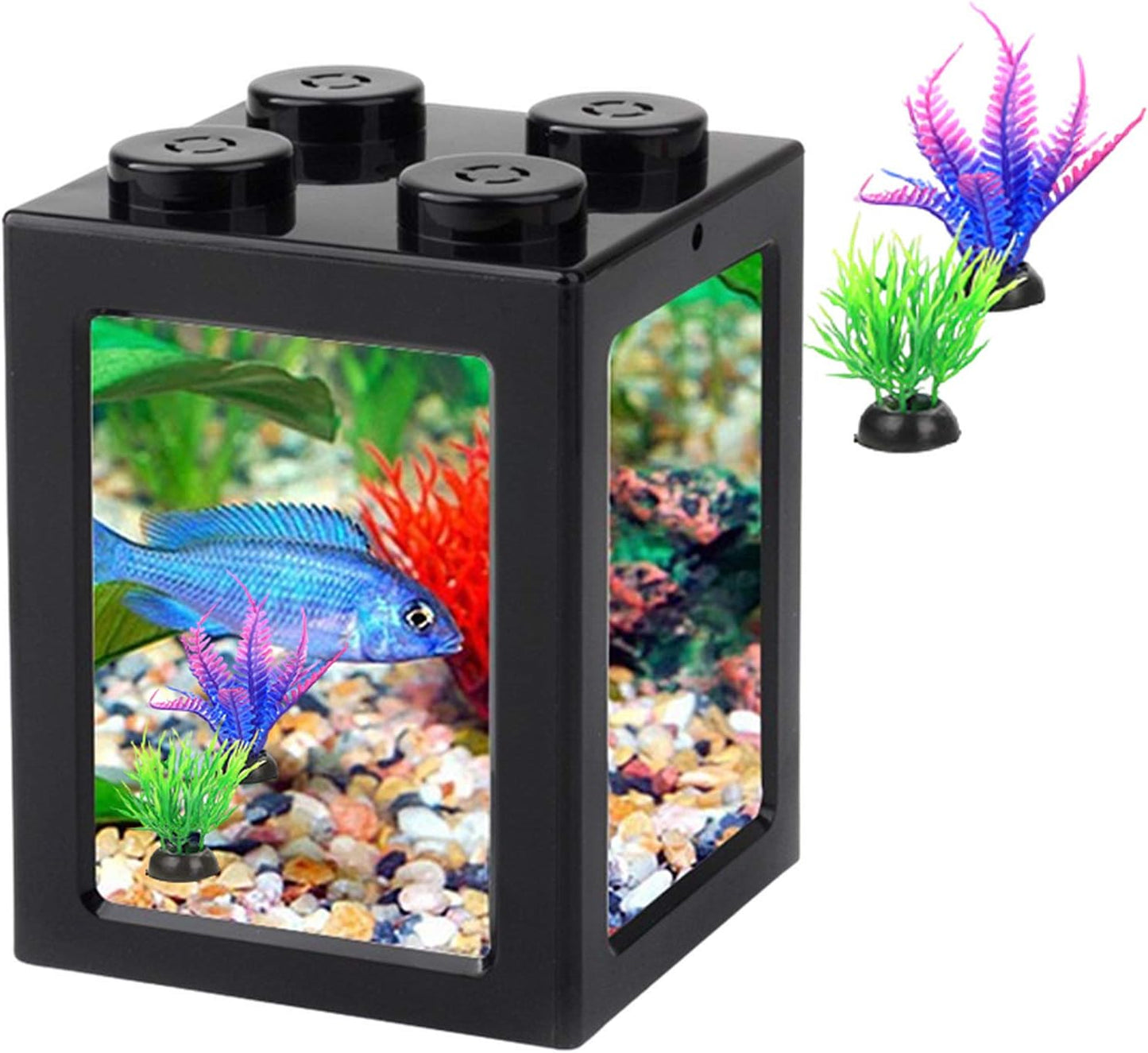 Betta Fish Tank, Mini Aquarium Stackable Cube Tank with Decor, Ant Feeding Case Mini Reptile Box, 3.54" X 3.54" X 4.33" (Black)