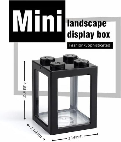 Betta Fish Tank, Mini Aquarium Stackable Cube Tank with Decor, Ant Feeding Case Mini Reptile Box, 3.54" X 3.54" X 4.33" (Black)